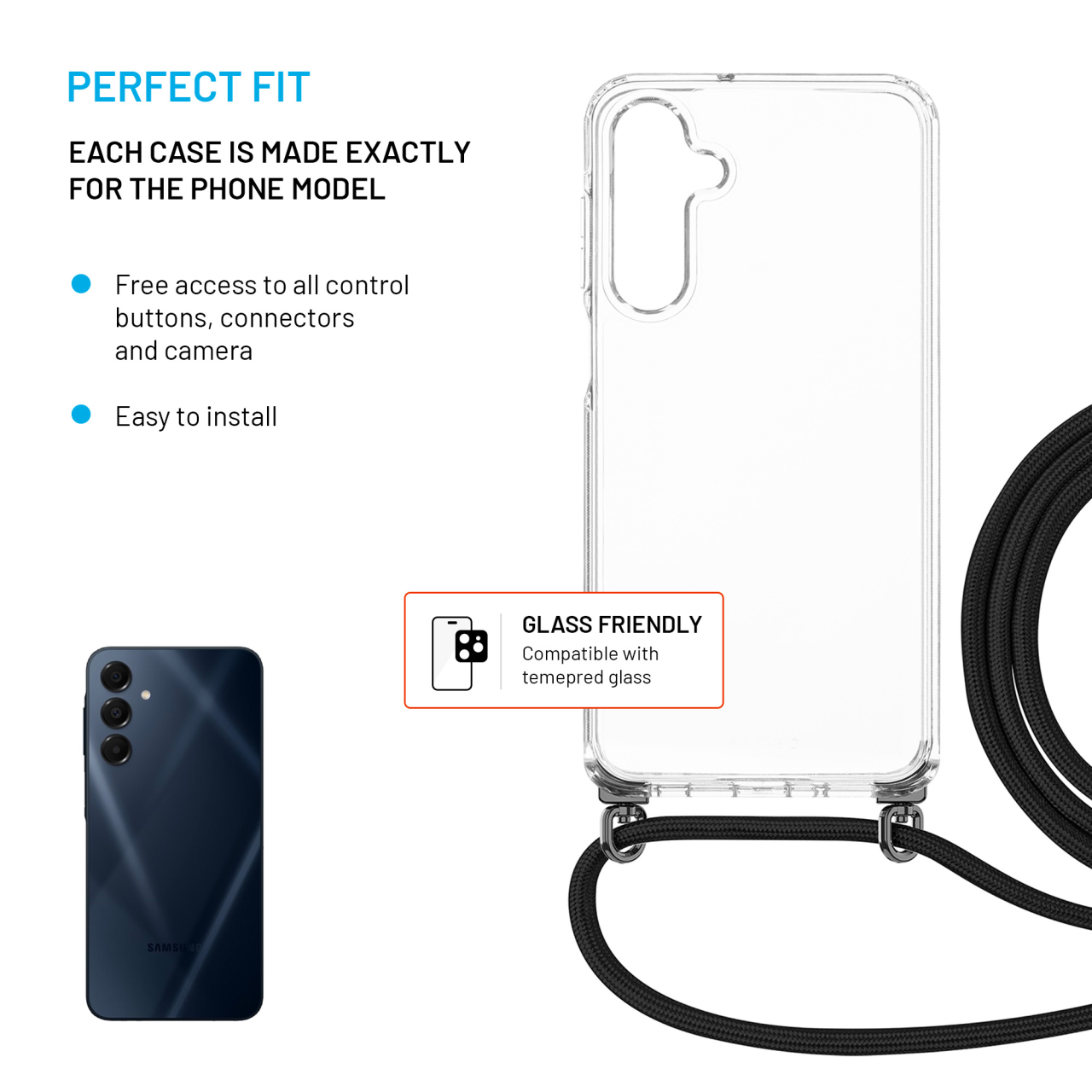 FIXED Pouzdro Pure Neck s odnímatelnou černou šňůrkou na krk pro Samsung Galaxy A16 4G/5G