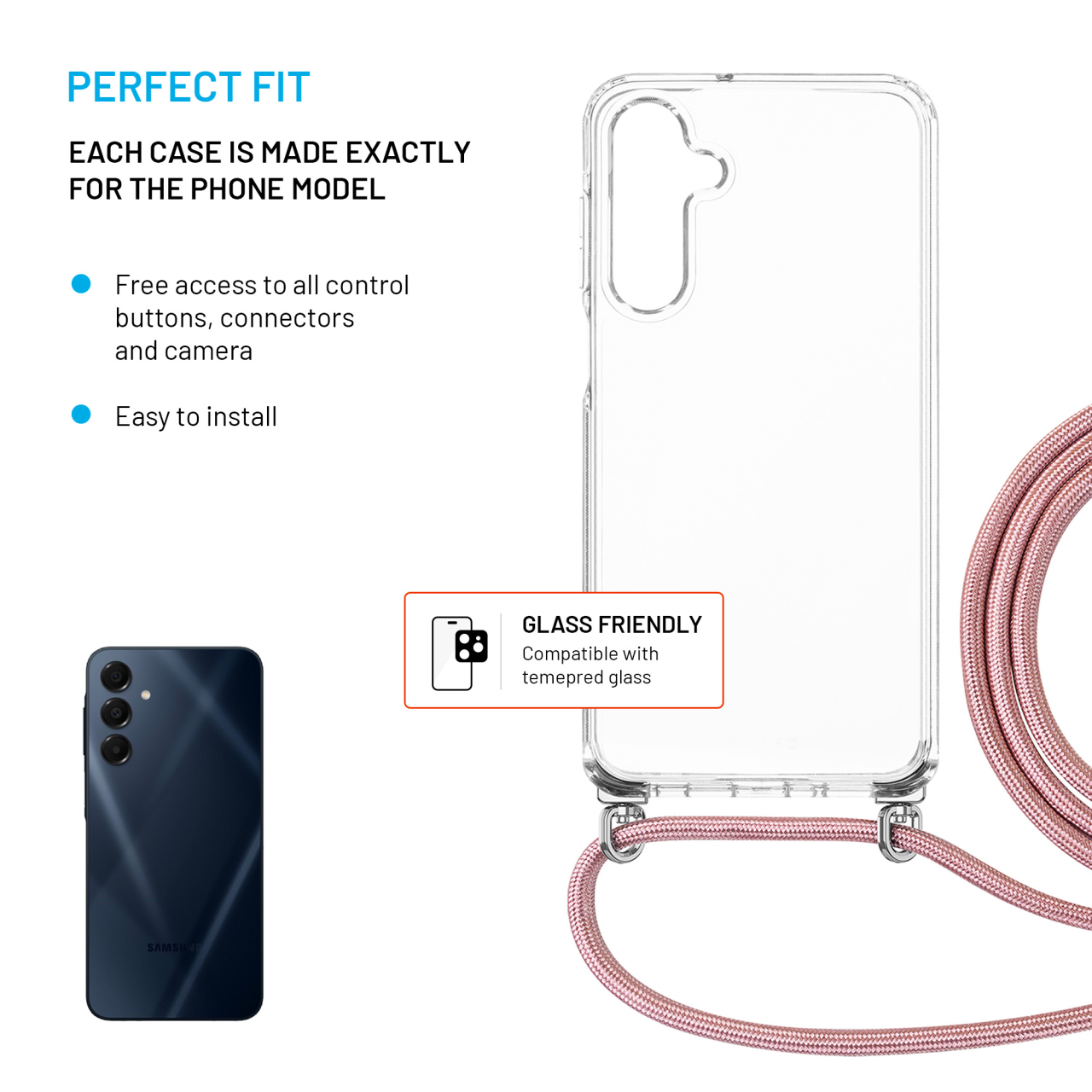 FIXED Pouzdro Pure Neck s odnímatelnou růžovou šňůrkou na krk pro Samsung Galaxy A16 4G/5G
