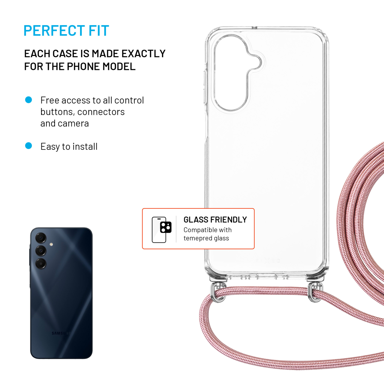 FIXED Pouzdro Pure Neck s odnímatelnou růžovou šňůrkou na krk pro Samsung Galaxy A26 5G