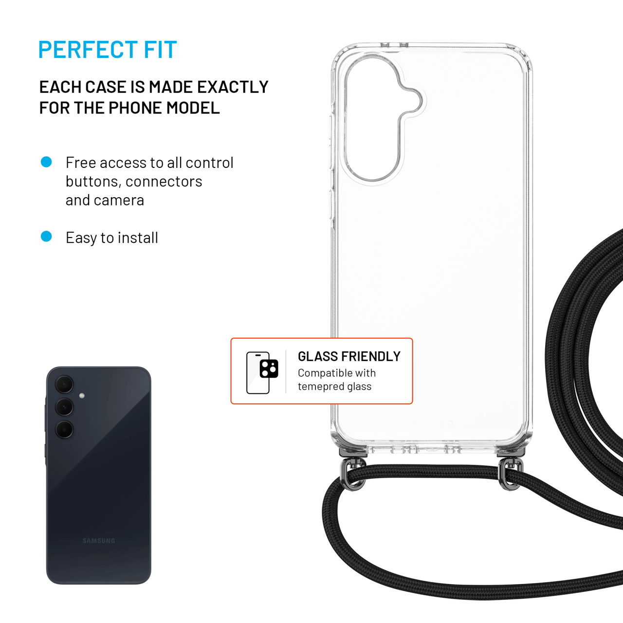 FIXED Pouzdro Pure Neck s odnímatelnou černou šňůrkou na krk pro Samsung Galaxy A36 5G/A56 5G