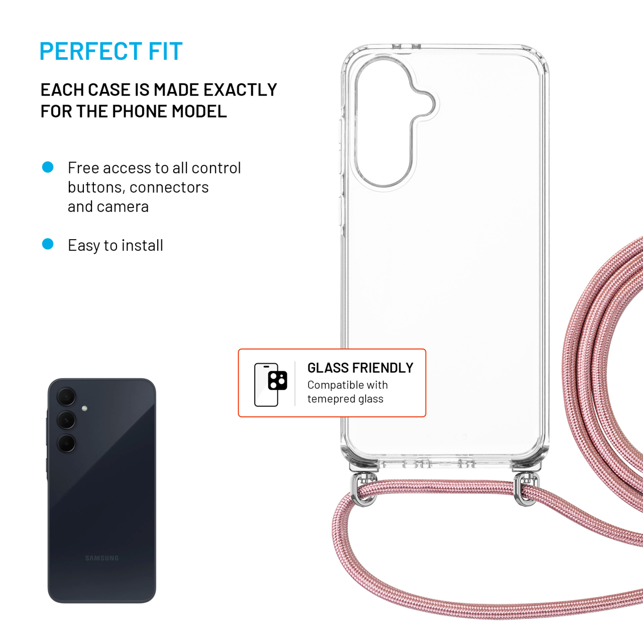 FIXED Pouzdro Pure Neck s odnímatelnou růžovou šňůrkou na krk pro Samsung Galaxy A36 5G/A56 5G
