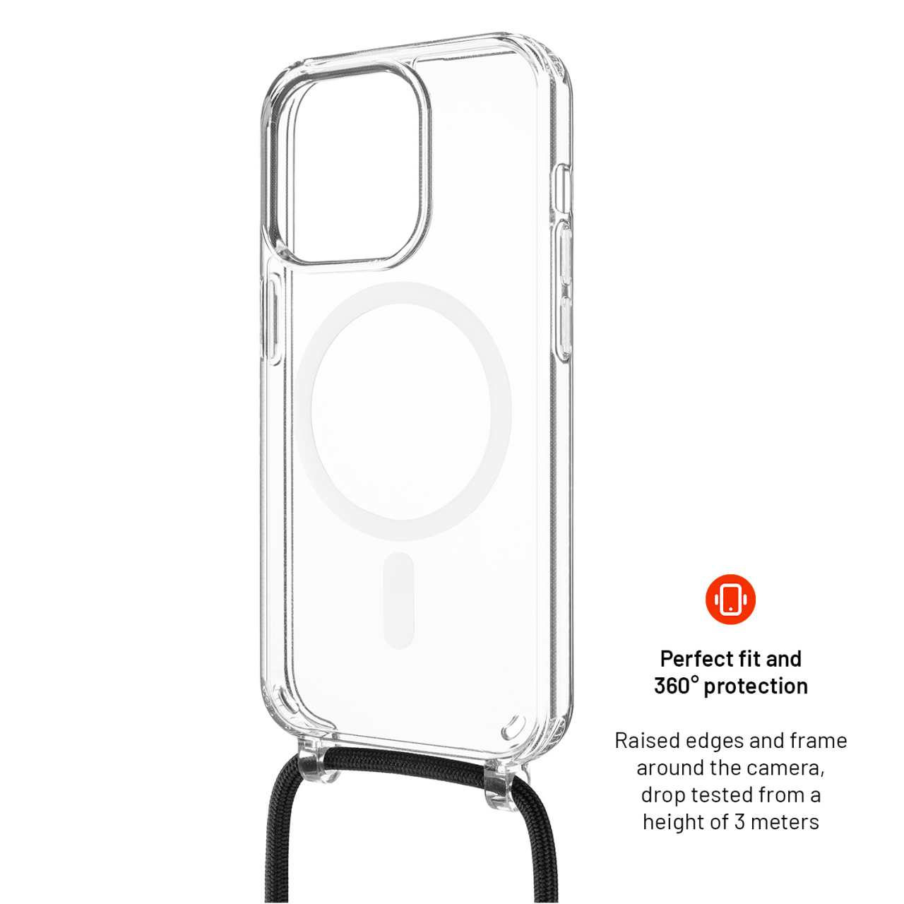 FIXED Pouzdro MagPure Neck s černou šňůrkou na krk pro Apple iPhone 16 Plus