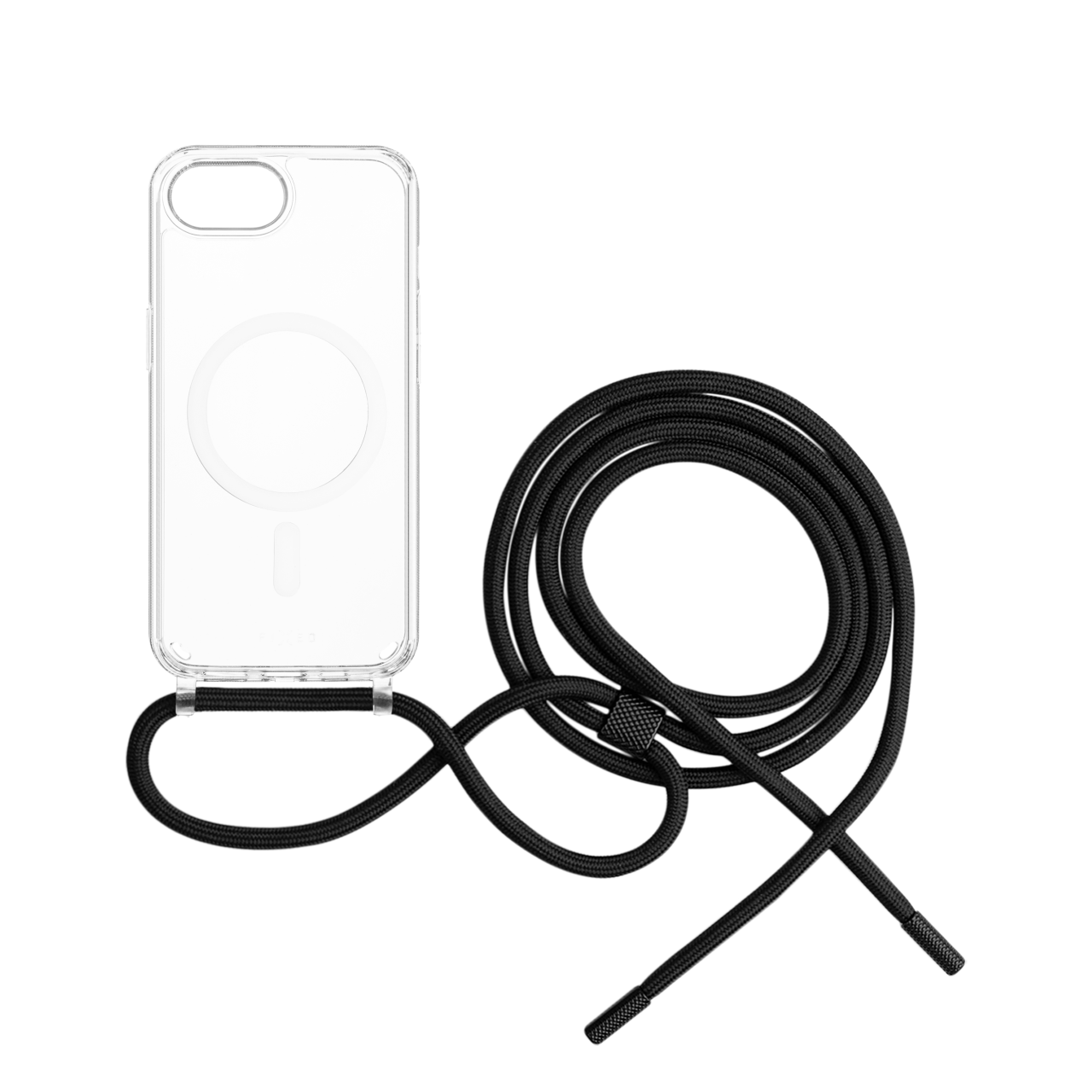 FIXED Pouzdro MagPure Neck s černou šňůrkou na krk pro Apple iPhone 16e / iPhone 17e