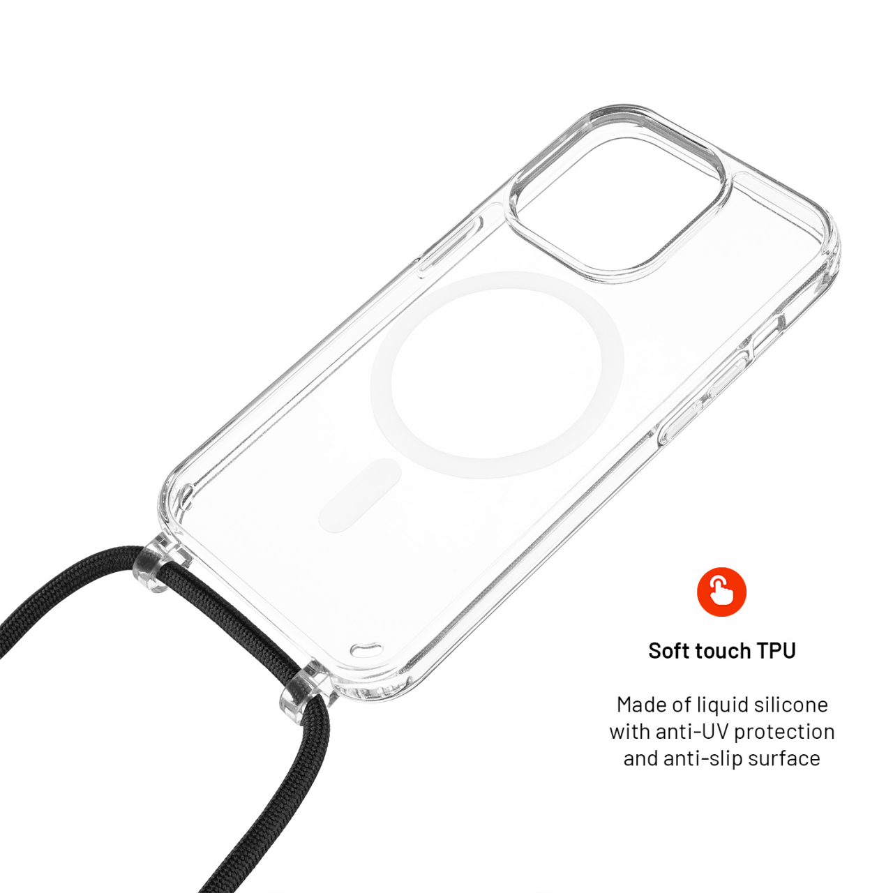 FIXED Pouzdro MagPure Neck s černou šňůrkou na krk pro Apple iPhone 16e / iPhone 17e