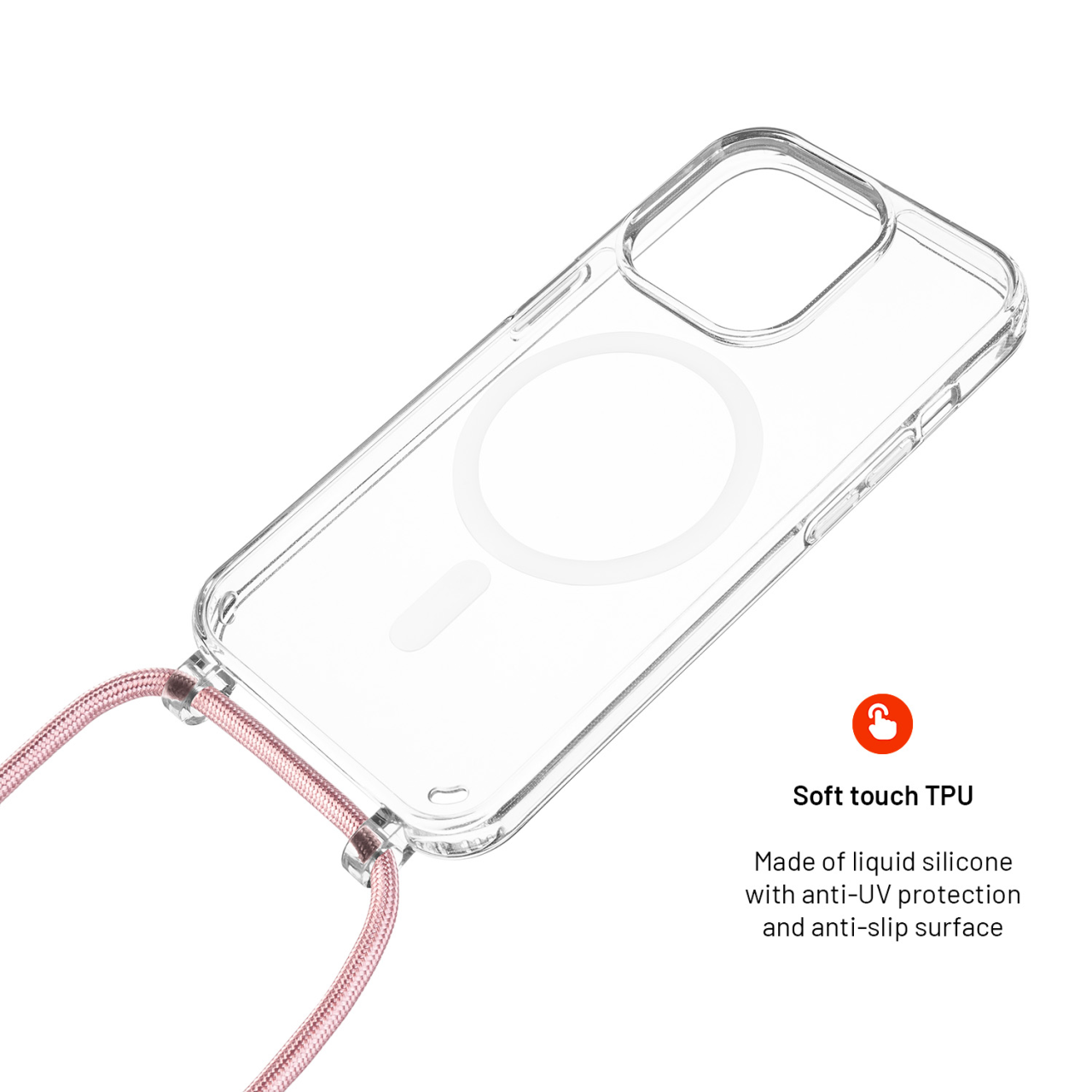 FIXED Pouzdro MagPure Neck s růžovou šňůrkou na krk pro Apple iPhone 16e / iPhone 17e