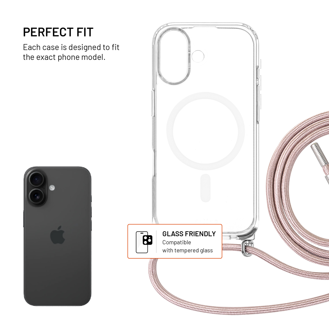 Crossbody FIXED MagPure Neck iPhone 17 – čiré pouzdro s růžovou šňůrkou