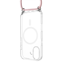 Crossbody FIXED MagPure Neck iPhone 17 – čiré pouzdro s růžovou šňůrkou