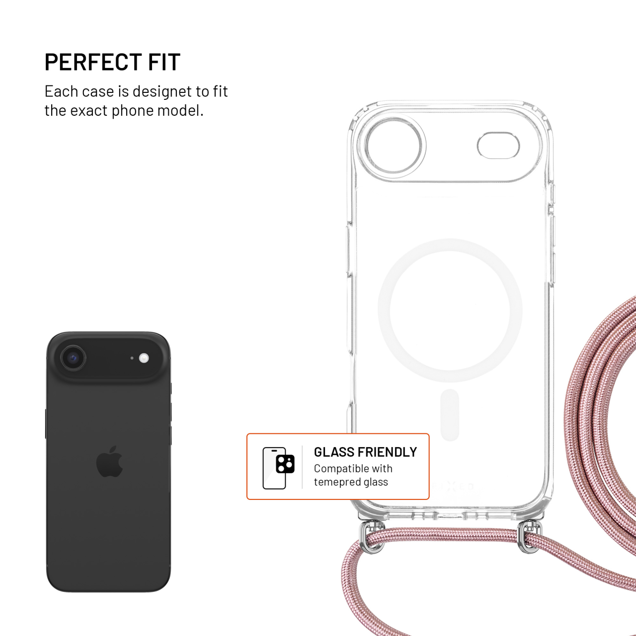Crossbody FIXED MagPure Neck iPhone Air – čiré pouzdro s růžovou šňůrkou
