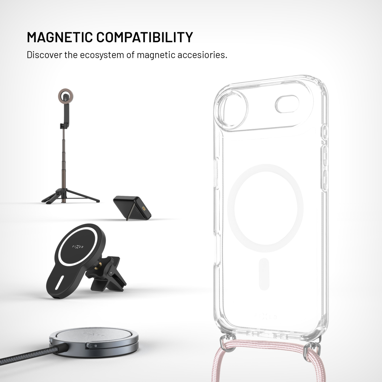 Crossbody FIXED MagPure Neck iPhone Air – čiré pouzdro s růžovou šňůrkou