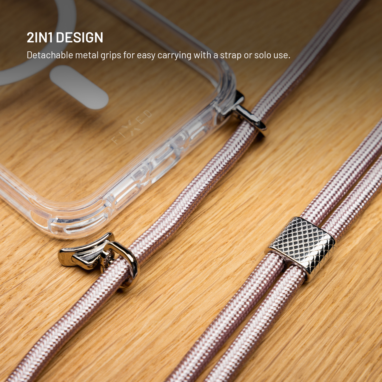 Crossbody FIXED MagPure Neck iPhone 17 Pro – čiré pouzdro s růžovou šňůrkou
