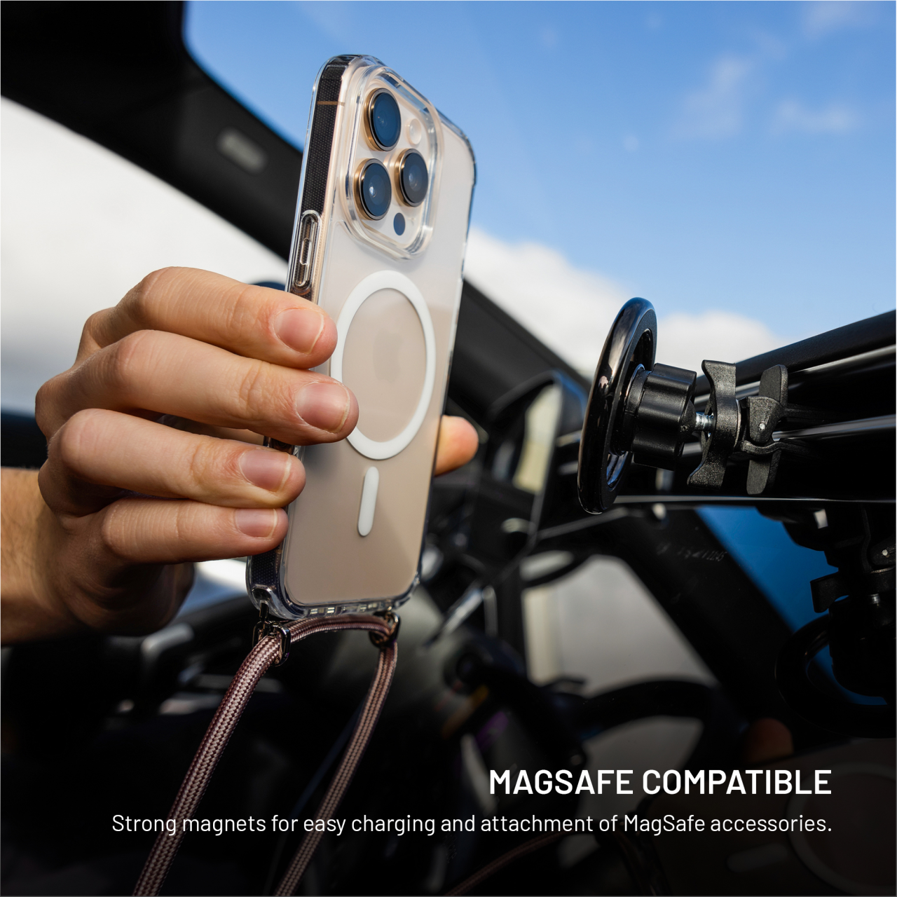 Crossbody FIXED MagPure Neck iPhone 17 Pro – čiré pouzdro s růžovou šňůrkou
