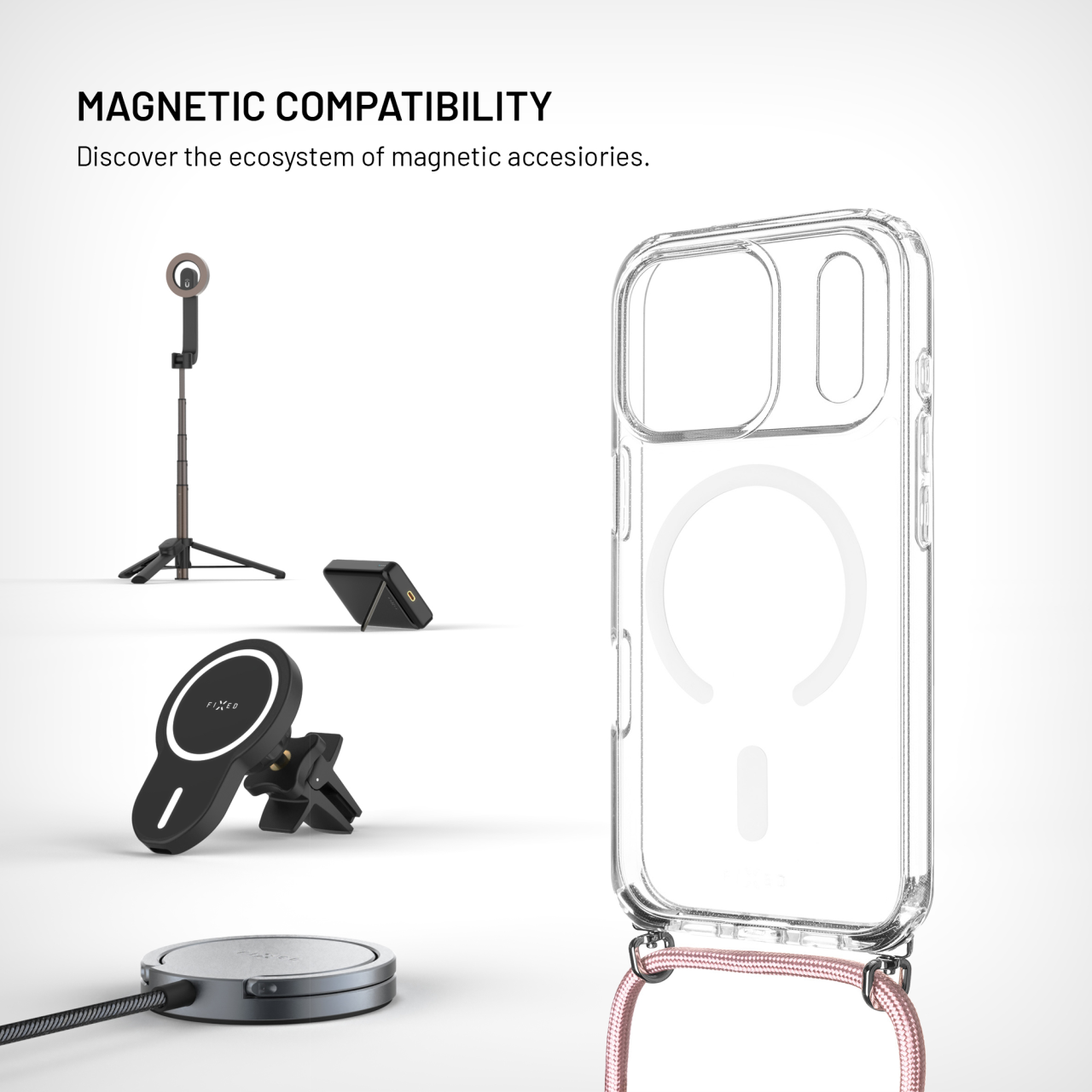 Crossbody FIXED MagPure Neck iPhone 17 Pro – čiré pouzdro s růžovou šňůrkou