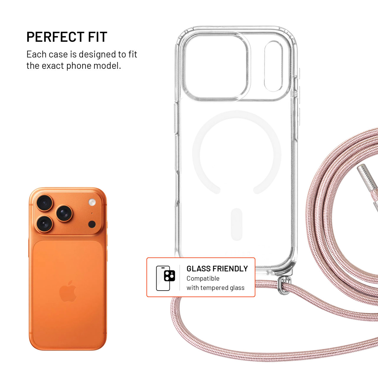 Crossbody FIXED MagPure Neck iPhone 17 Pro – čiré pouzdro s růžovou šňůrkou