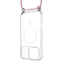 Crossbody FIXED MagPure Neck iPhone 17 Pro Max – čiré pouzdro s růžovou šňůrkou