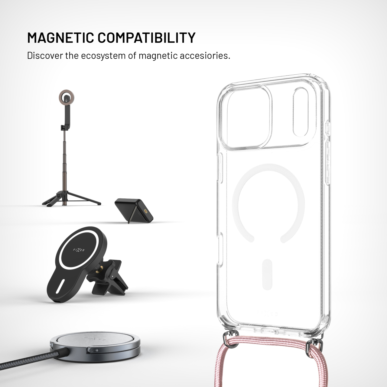Crossbody FIXED MagPure Neck iPhone 17 Pro Max – čiré pouzdro s růžovou šňůrkou