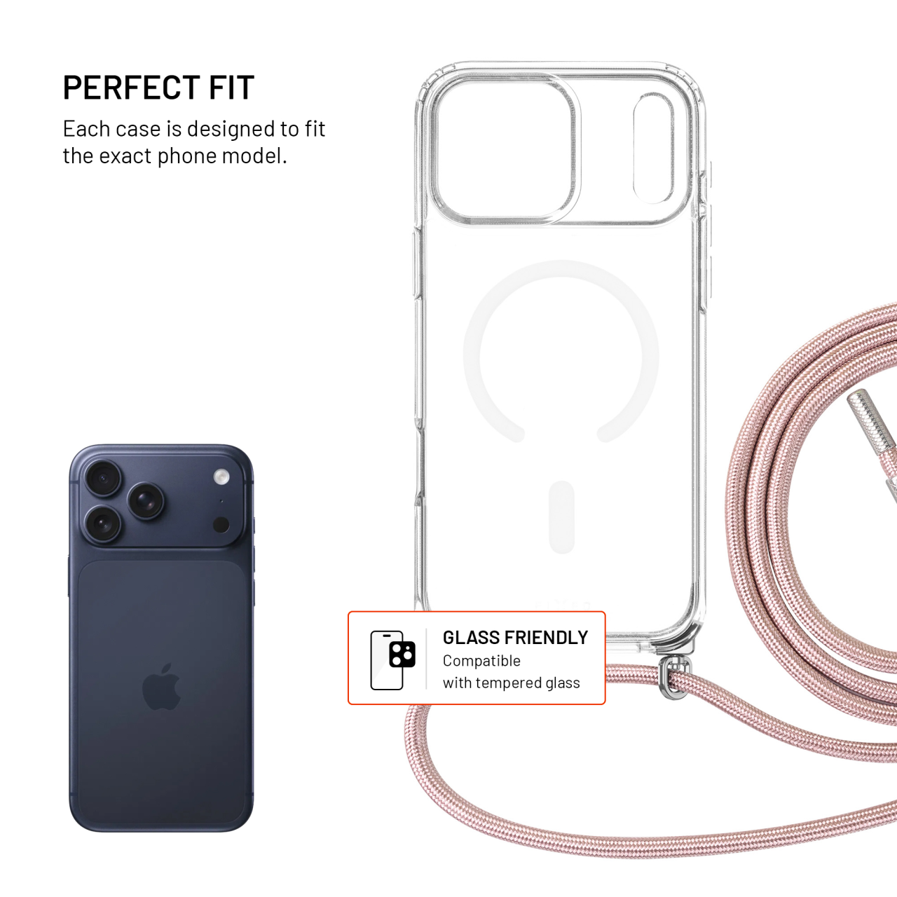 Crossbody FIXED MagPure Neck iPhone 17 Pro Max – čiré pouzdro s růžovou šňůrkou