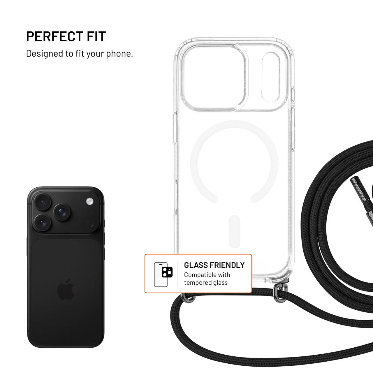 Kryt se šňůrkou na krk na mobil Apple iPhone 18 Pro/17 Pro - Fixed MagPure Neck, černá šňůrka