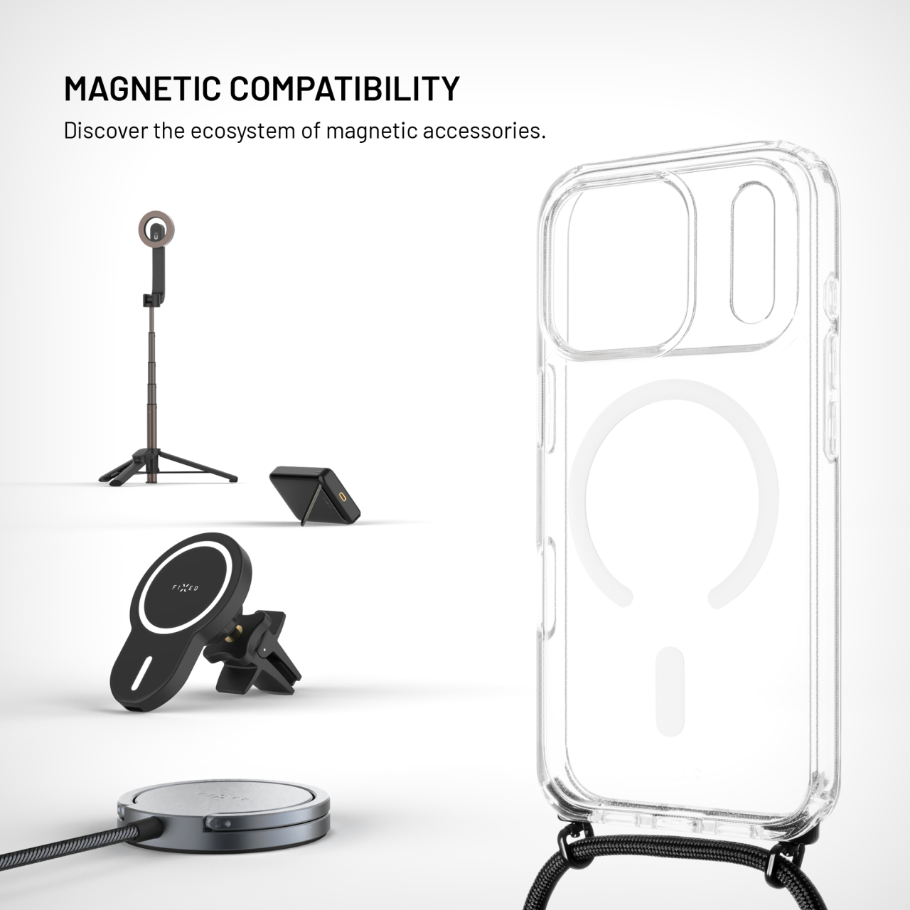 Kryt se šňůrkou na krk na mobil Apple iPhone 18 Pro/17 Pro - Fixed MagPure Neck, černá šňůrka