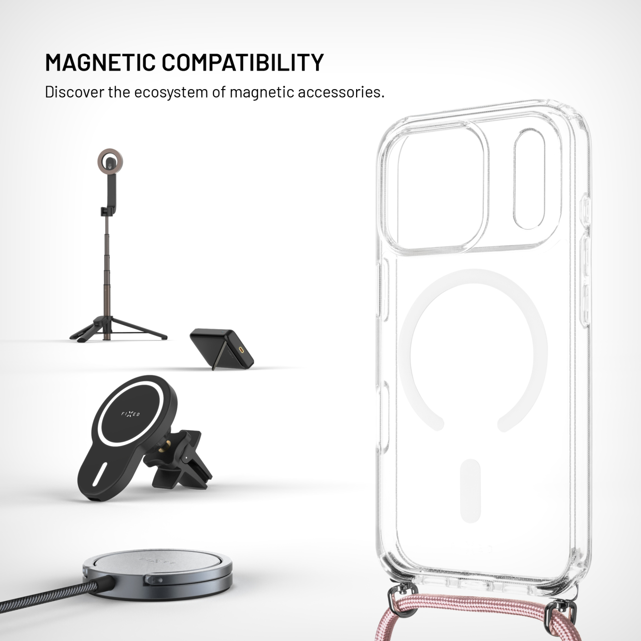 Kryt se šňůrkou na krk na mobil Apple iPhone 18 Pro/17 Pro - Fixed MagPure Neck, růžová šňůrka