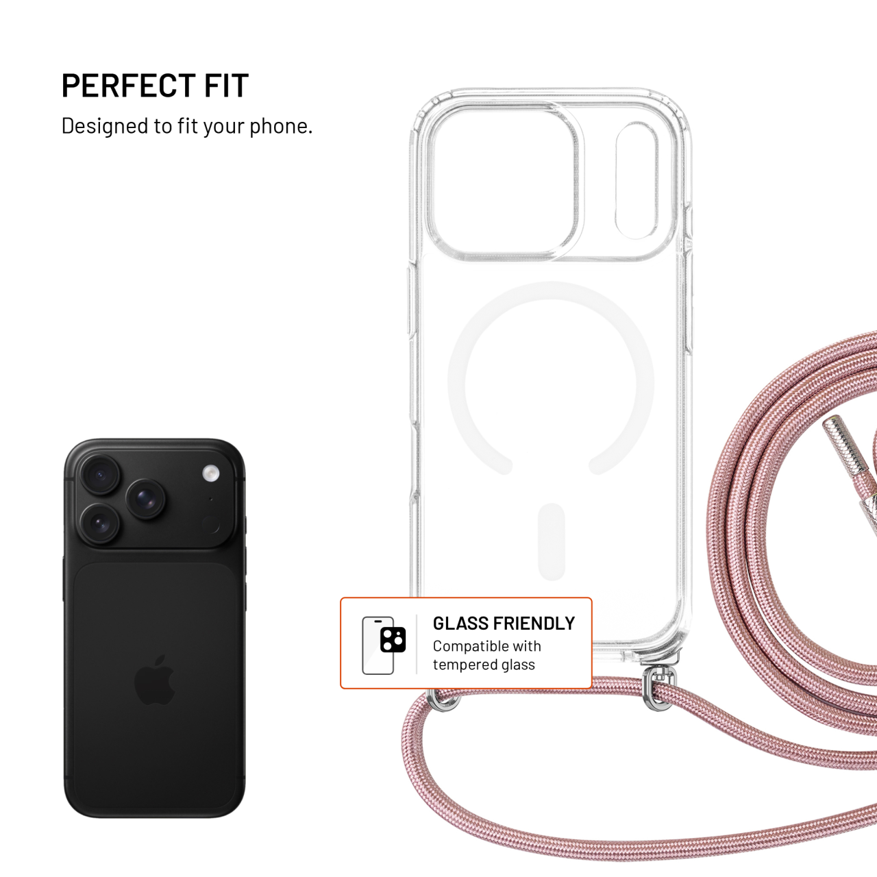 Kryt se šňůrkou na krk na mobil Apple iPhone 18 Pro/17 Pro - Fixed MagPure Neck, růžová šňůrka