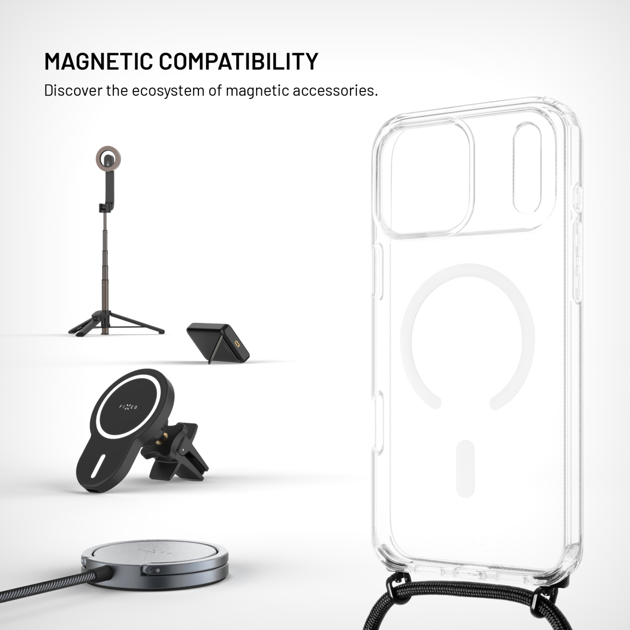 Kryt se šňůrkou na krk na mobil Apple iPhone 18 Pro Max/17 Pro Max - Fixed MagPure Neck, černá šňůrka