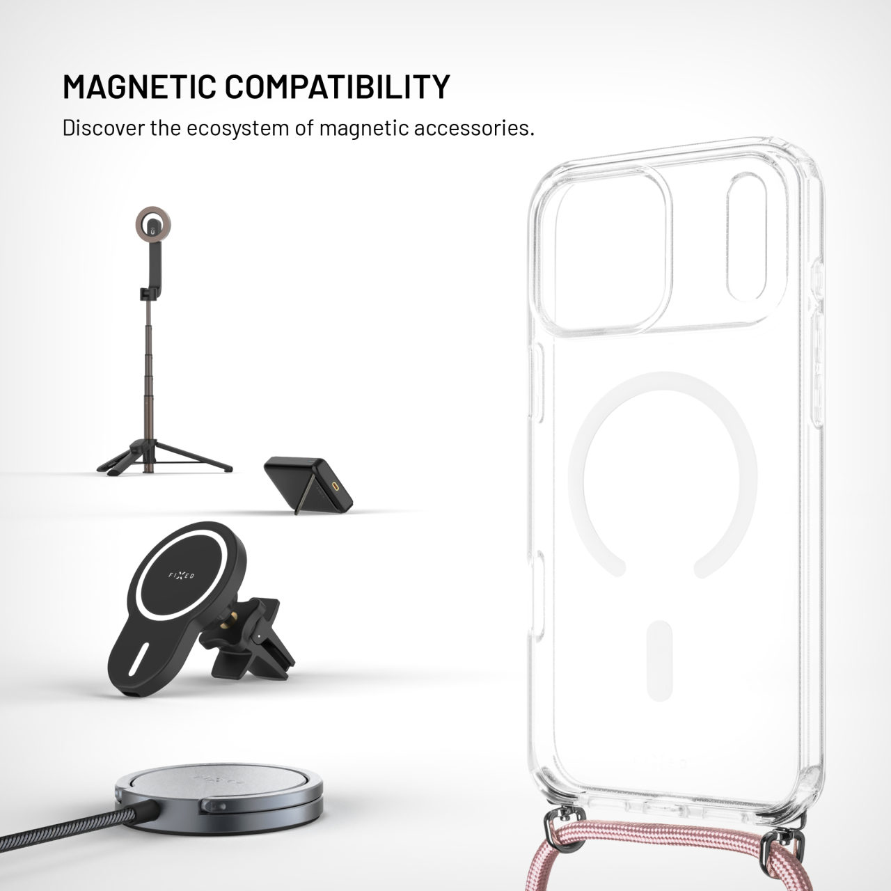 Kryt se šňůrkou na krk na mobil Apple iPhone 18 Pro Max/17 Pro Max - Fixed MagPure Neck, růžová šňůrka
