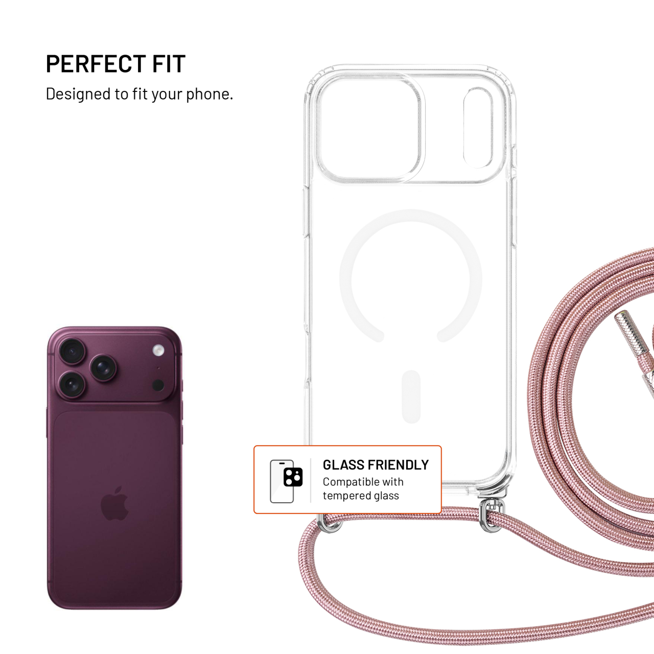 Kryt se šňůrkou na krk na mobil Apple iPhone 18 Pro Max/17 Pro Max - Fixed MagPure Neck, růžová šňůrka