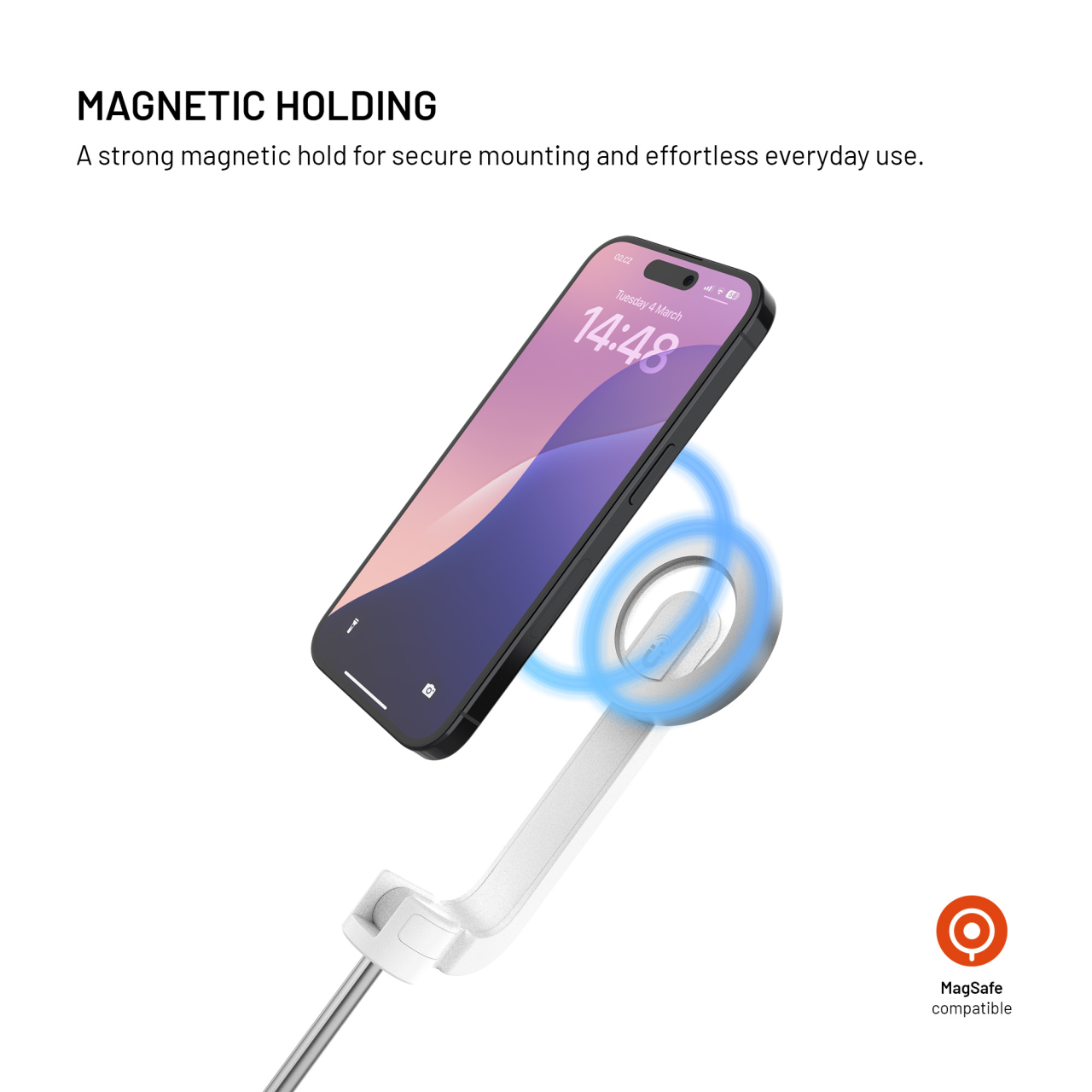 FIXED Selfie stick s tripodem MagSnap s podporou MagSafe a bezdrátovou spouští, bílý