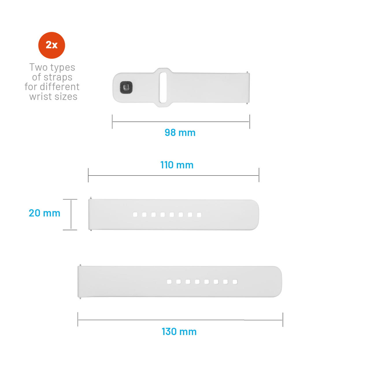 FIXED Set silikonových řemínků Silicone Sporty Strap s Quick Release 20mm pro smartwatch, bílý