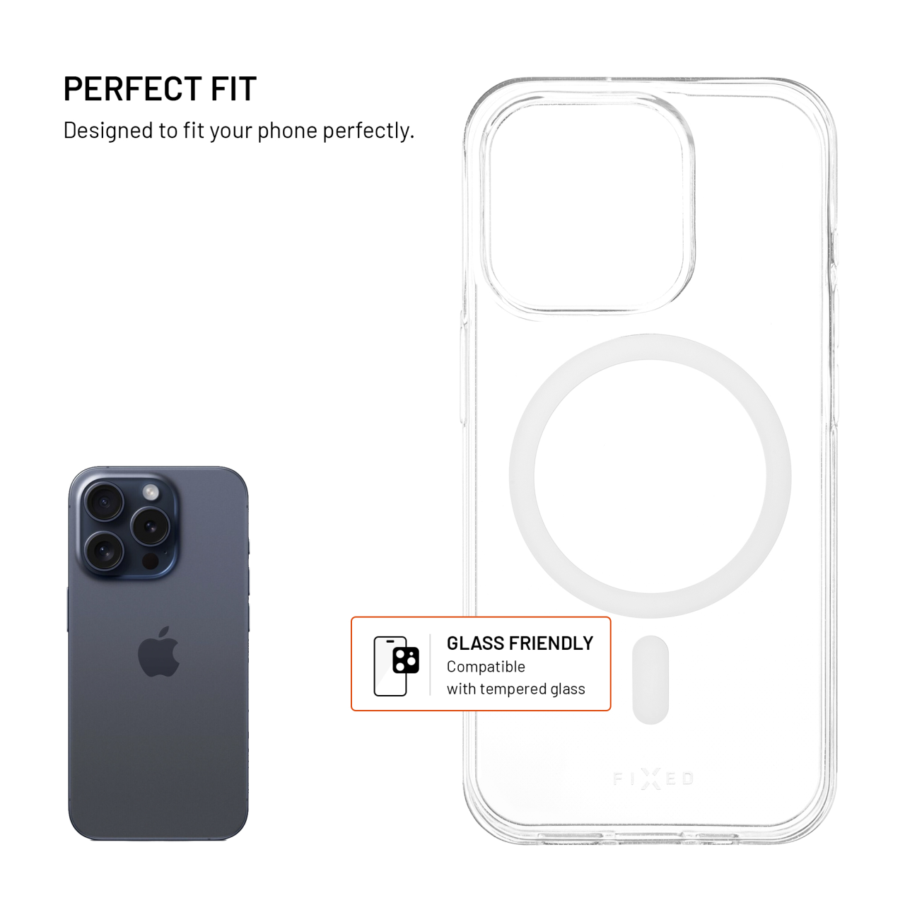 Průhledný silikonový kryt na mobil Apple iPhone 15 Pro - Fixed MagStory AntiUV, MagSafe