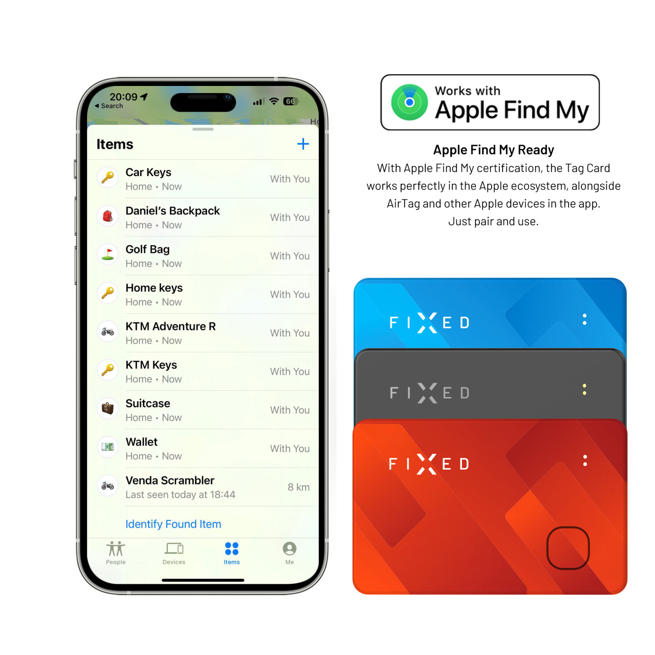 FIXED Smart tracker Tag Card s podporou Find My, bezdrátové nabíjení, černý