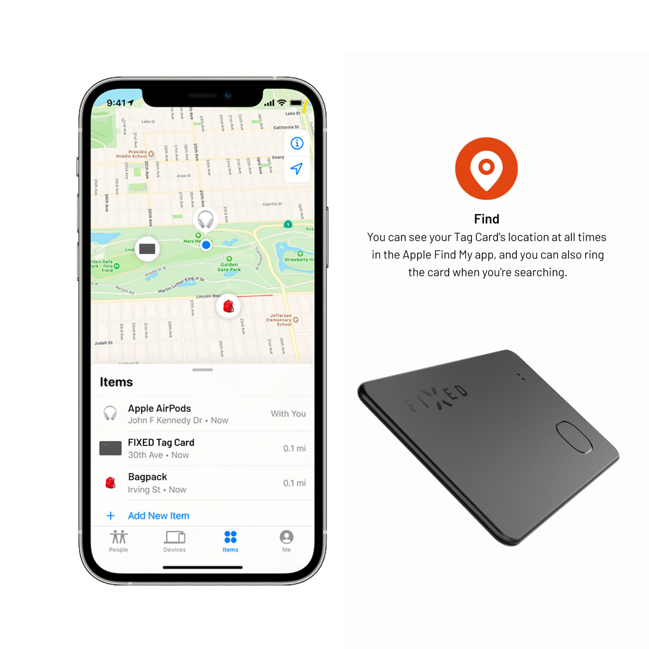 FIXED Smart tracker Tag Card s podporou Find My, bezdrátové nabíjení, černý