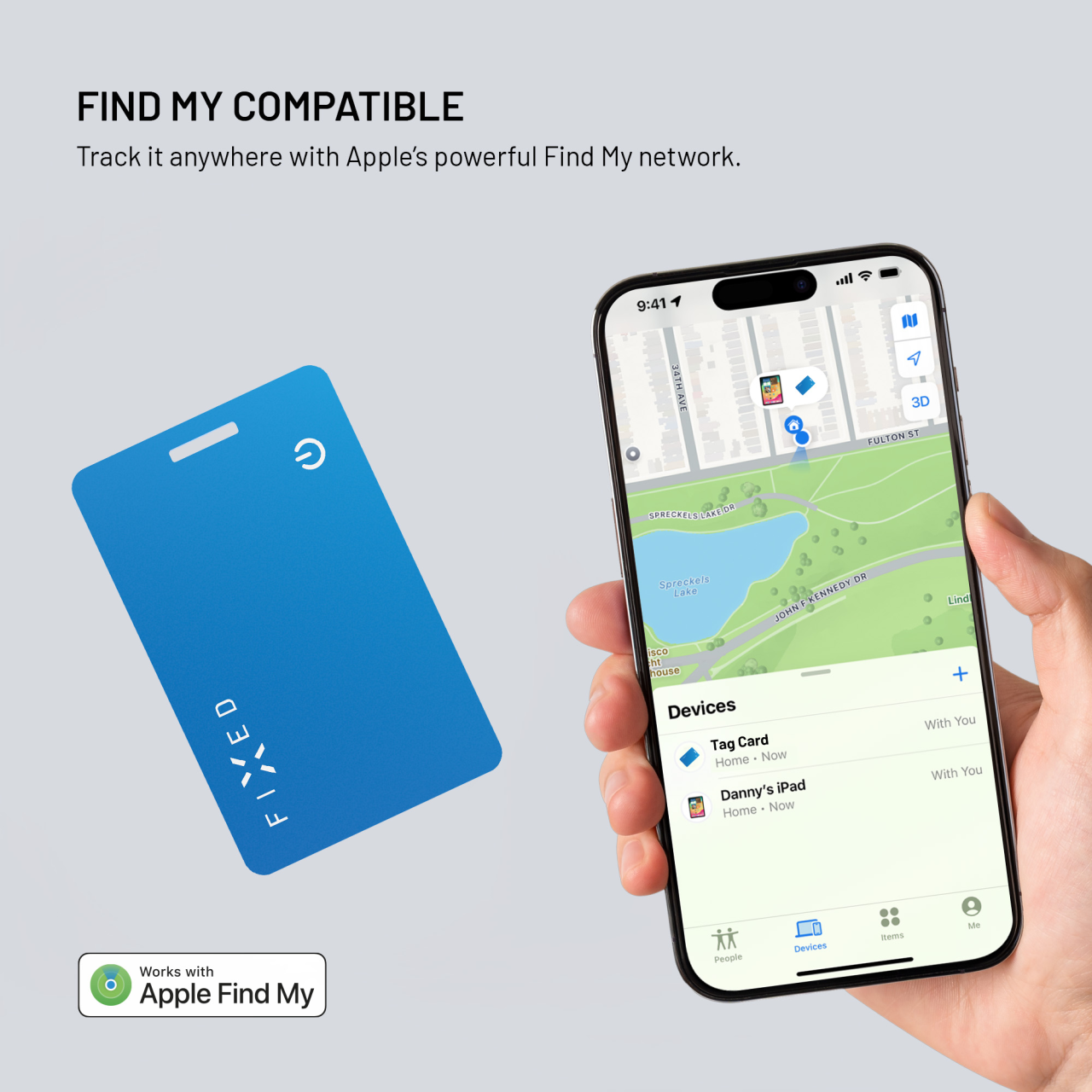 Smart tracker FIXED Tag Card 2 s podporou Find My, bezdrátové nabíjení, modrý