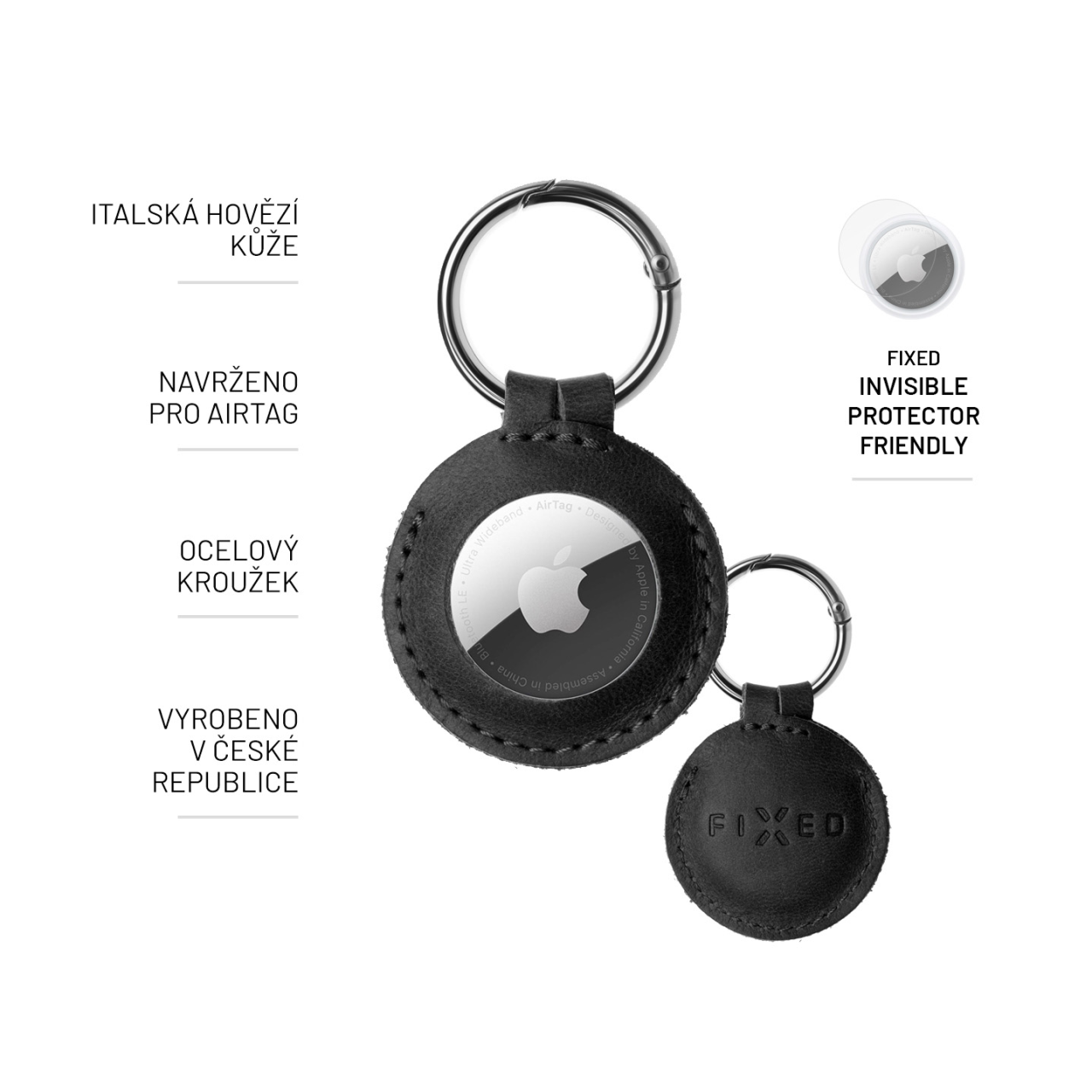 FIXED Pouzdro Case for AirTag z pravé hovězí kůže s karabinou, černé