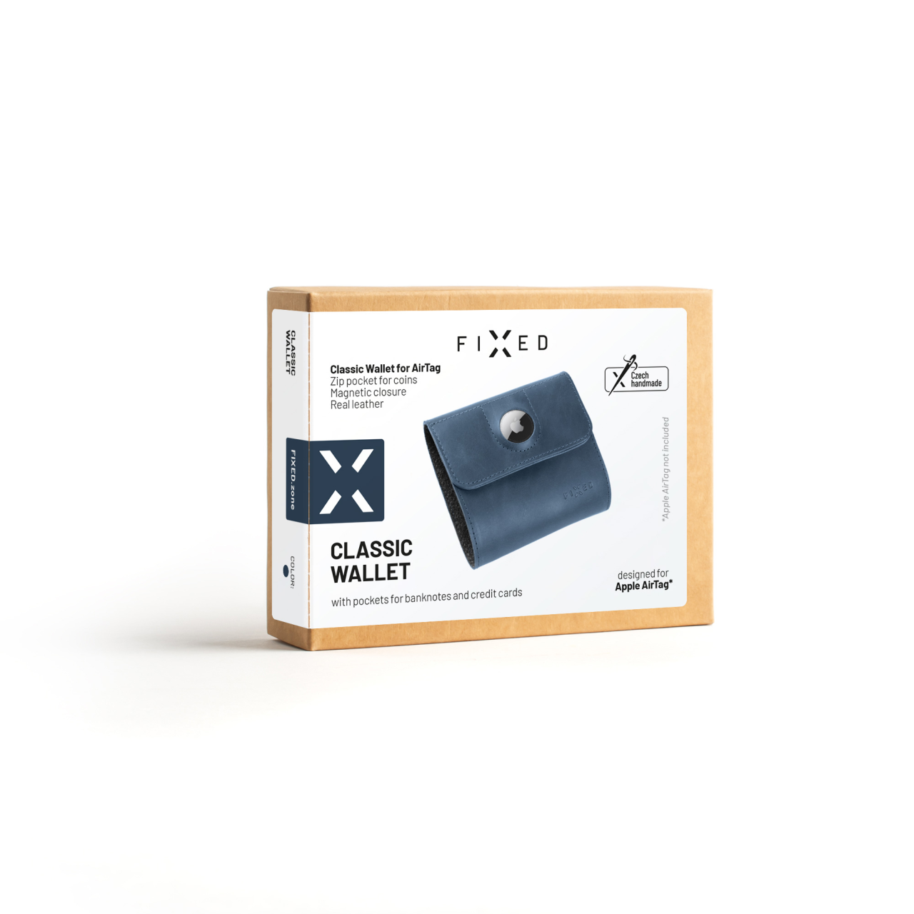 FIXED Kožená peněženka Classic Wallet for AirTag z pravé hovězí kůže, modrá