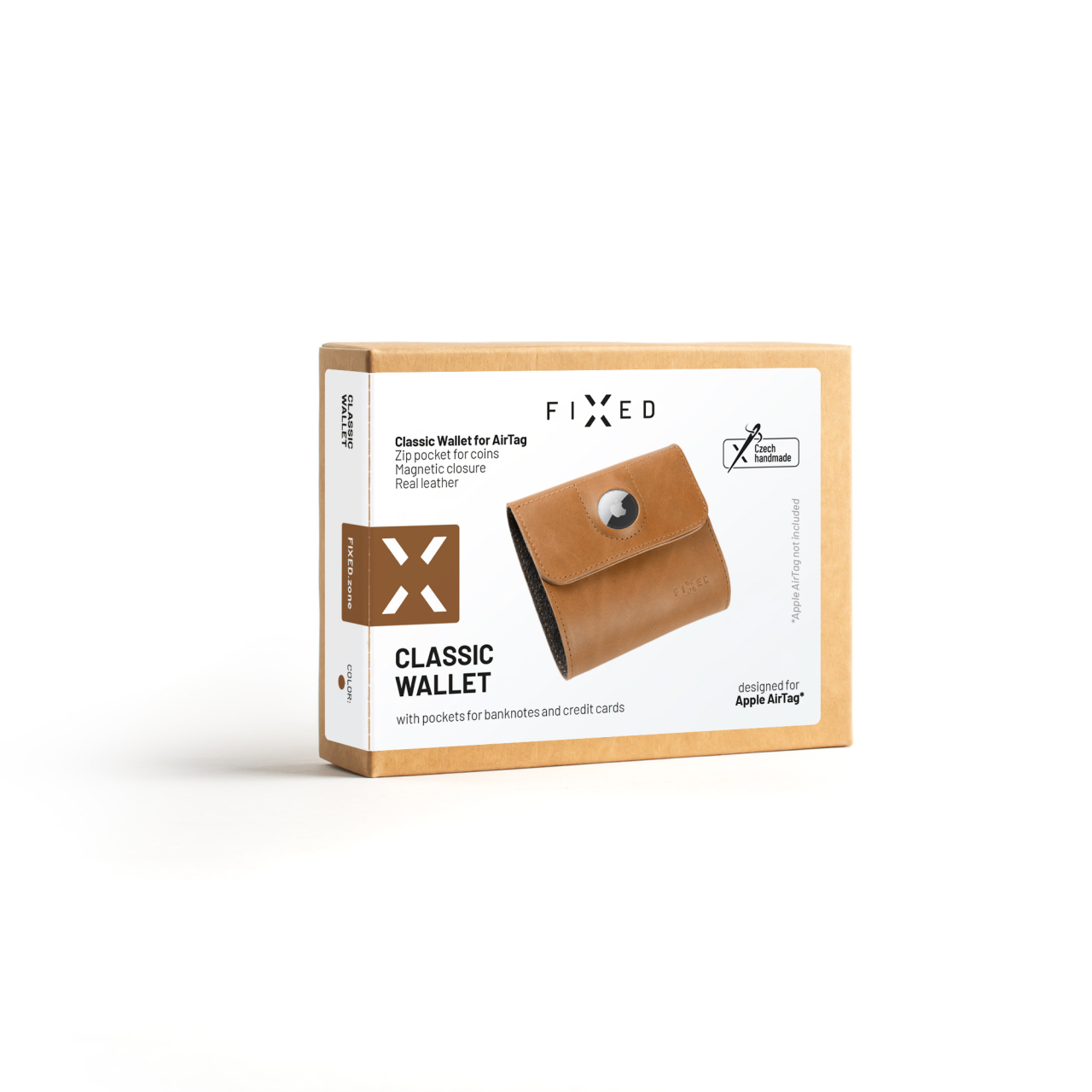 FIXED Kožená peněženka Classic Wallet for AirTag z pravé hovězí kůže, hnědá