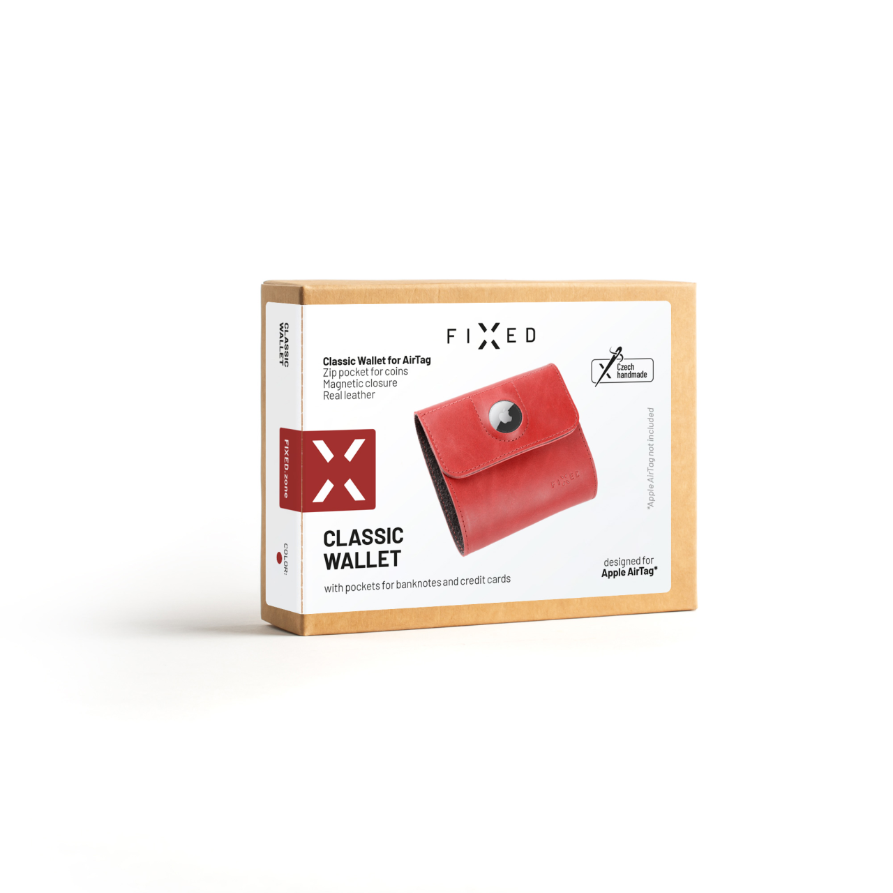 FIXED Kožená peněženka Classic Wallet for AirTag z pravé hovězí kůže, červená