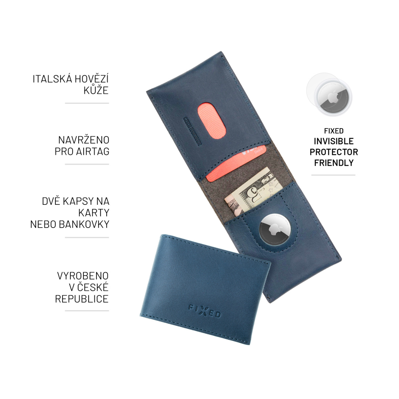 FIXED Kožená peněženka Wallet for AirTag z pravé hovězí kůže, modrá