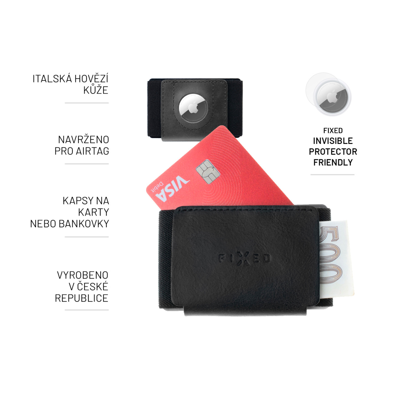 FIXED Kožená peněženka Tiny Wallet for AirTag z pravé hovězí kůže, černá