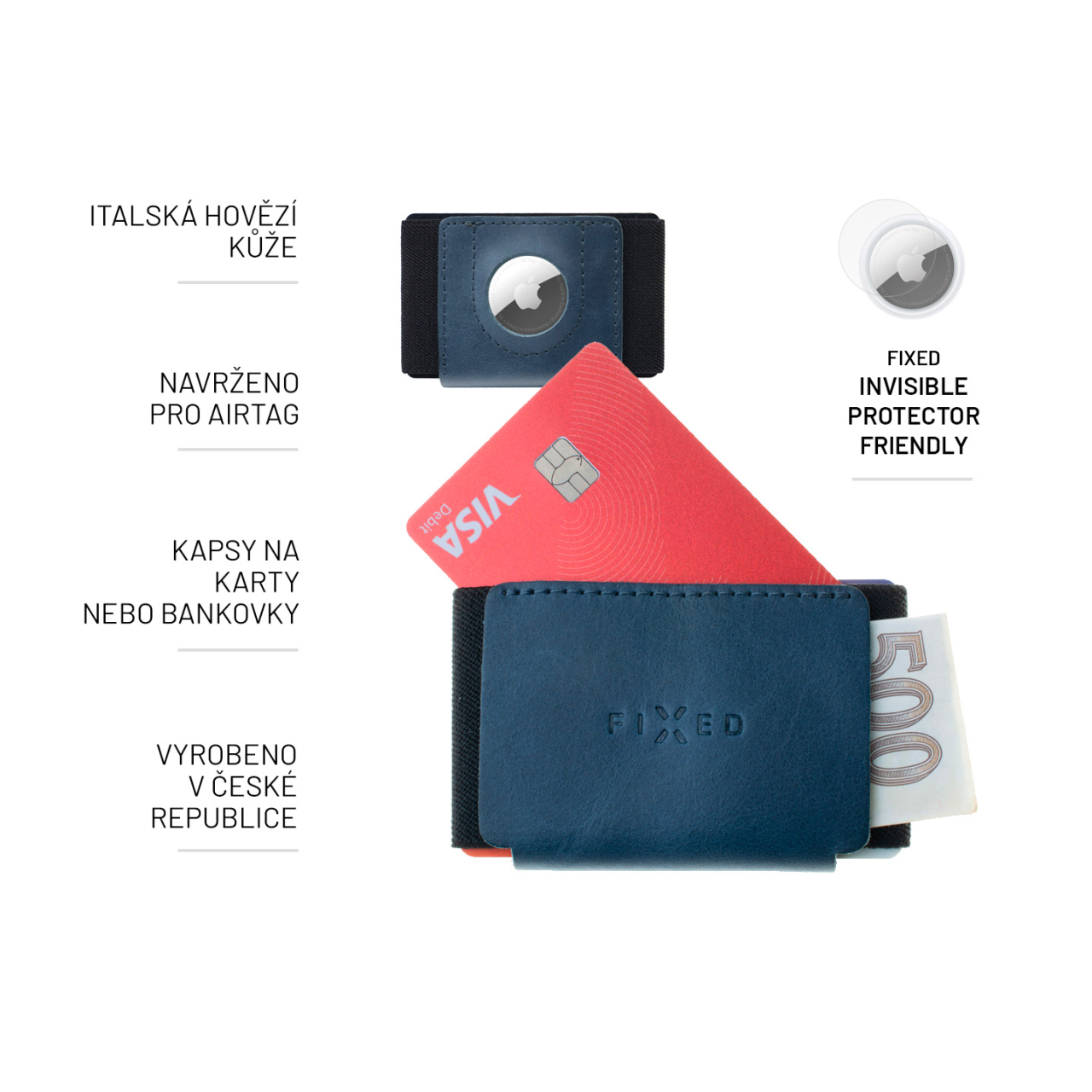 FIXED Kožená peněženka Tiny Wallet for AirTag z pravé hovězí kůže, modrá