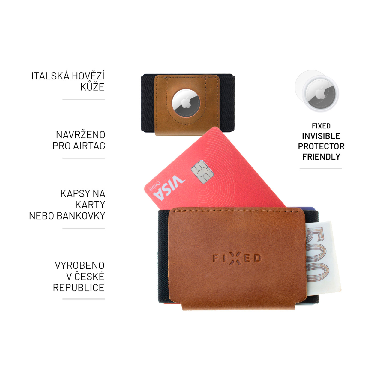 FIXED Kožená peněženka Tiny Wallet for AirTag z pravé hovězí kůže, hnědá