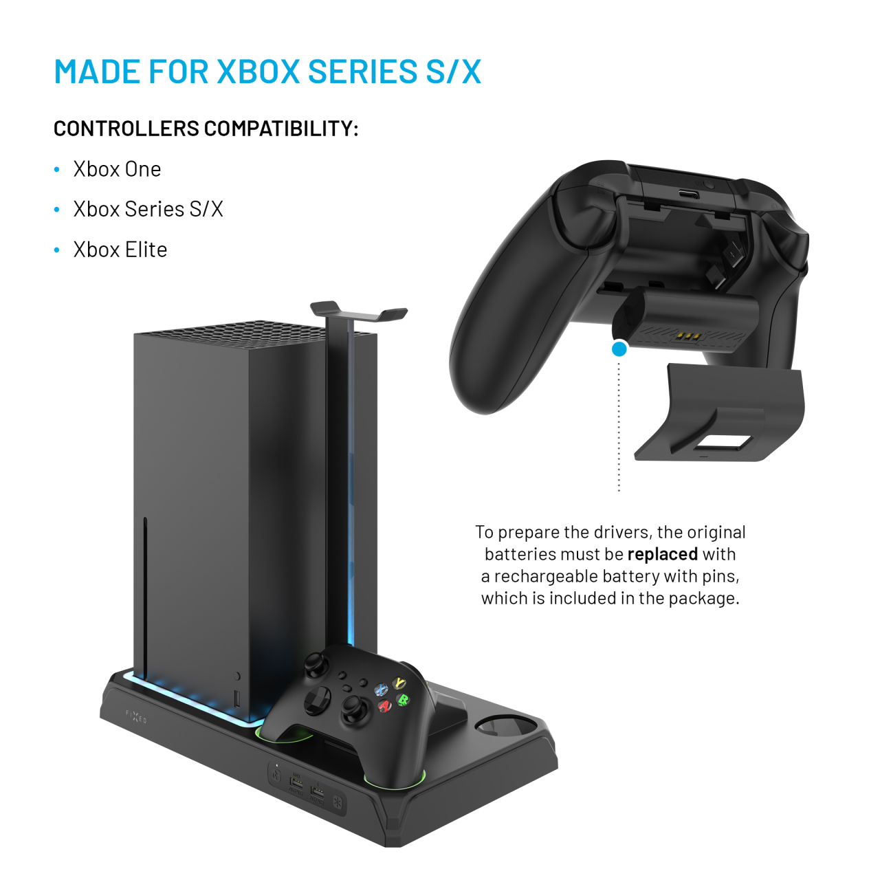 FIXED Multifunkční stanice pro Xbox Series X a S s odvětráváním a nabíjením pro dva ovladače Xbox, černá
