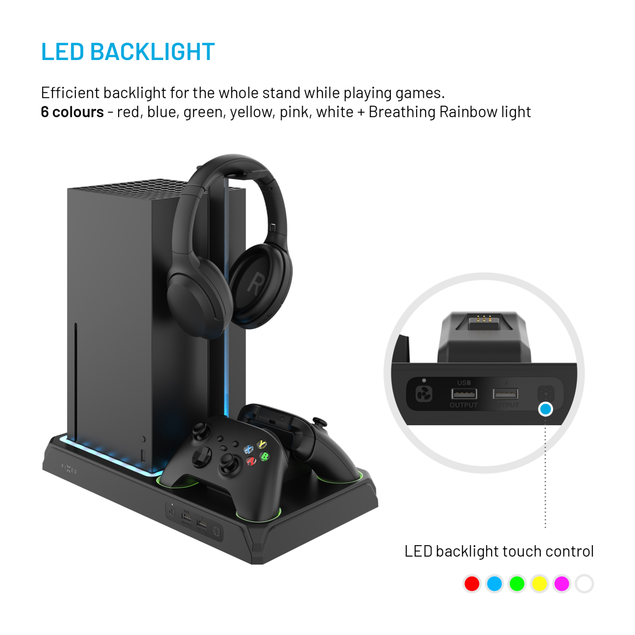 FIXED Multifunkční stanice pro Xbox Series X a S s odvětráváním a nabíjením pro dva ovladače Xbox, černá