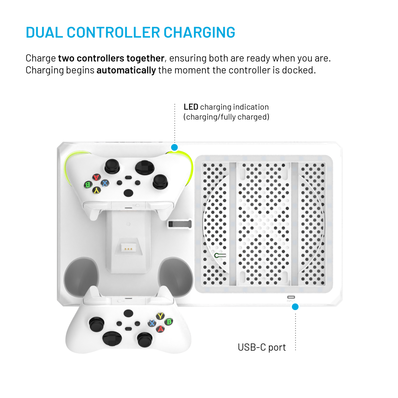 FIXED Multifunkční stanice pro Xbox Series X a S s odvětráváním a nabíjením pro dva ovladače Xbox, bílá