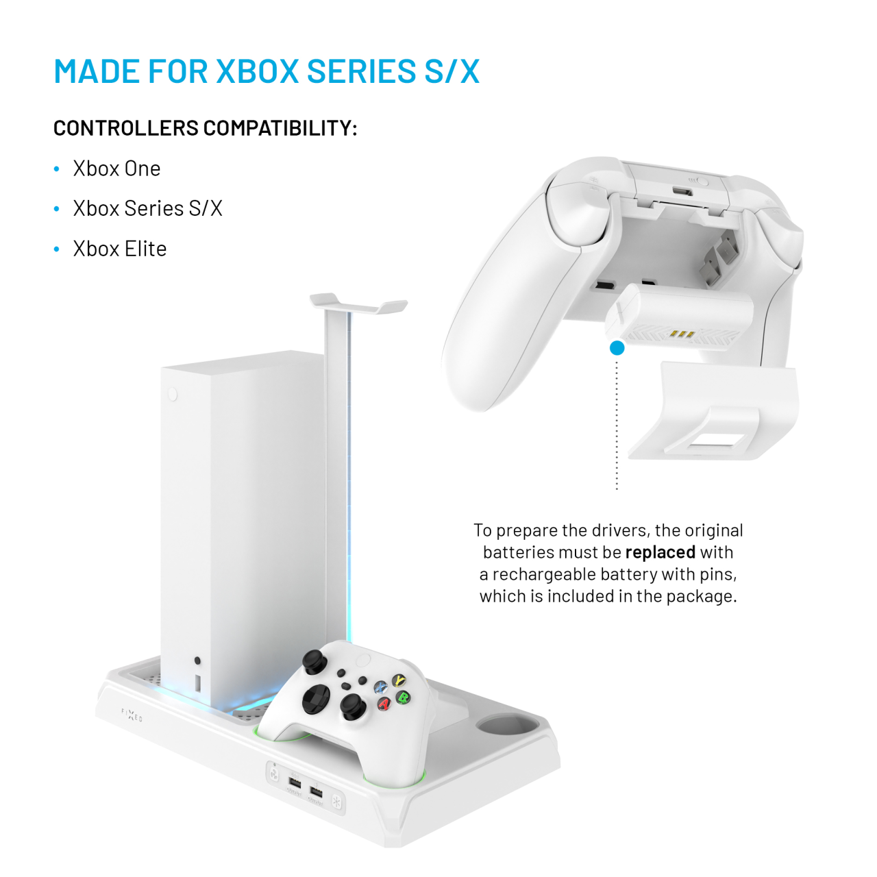 FIXED Multifunkční stanice pro Xbox Series X a S s odvětráváním a nabíjením pro dva ovladače Xbox, bílá
