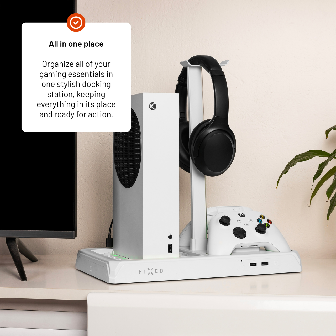 Multifunkční stanice pro Xbox Series X a S s odvětráváním a nabíjením pro dva ovladače Xbox - Fixed, bílá