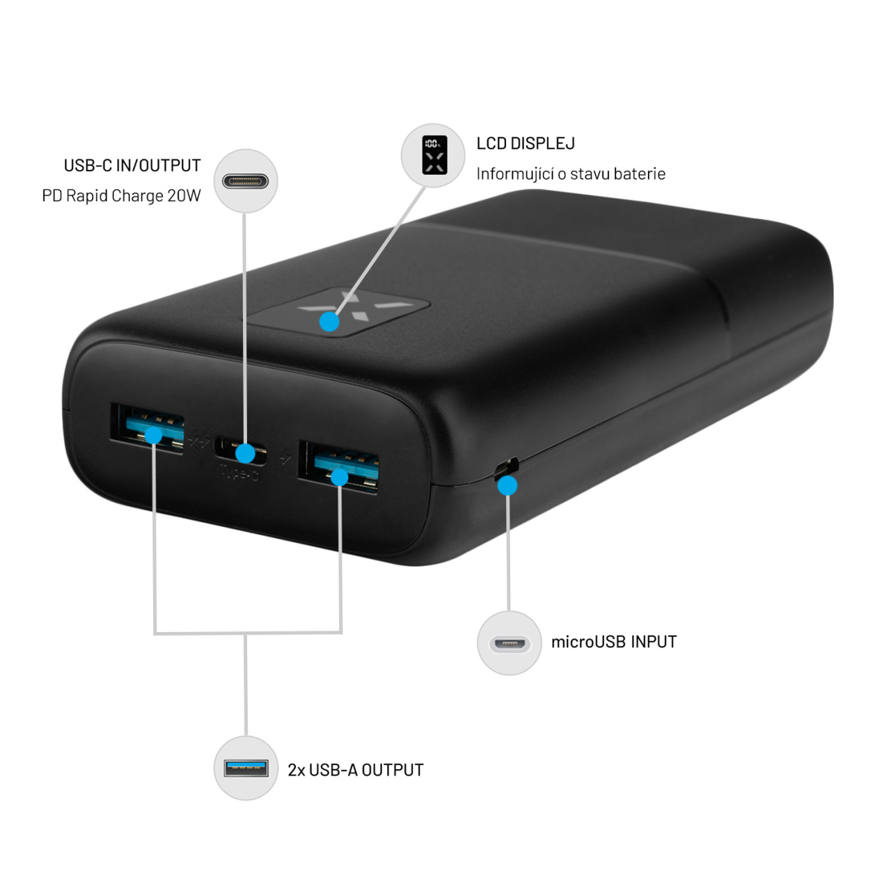FIXED Powerbanka Zen 20 s LCD displejem a výstupem PD 20W, 20 000 mAh, černá