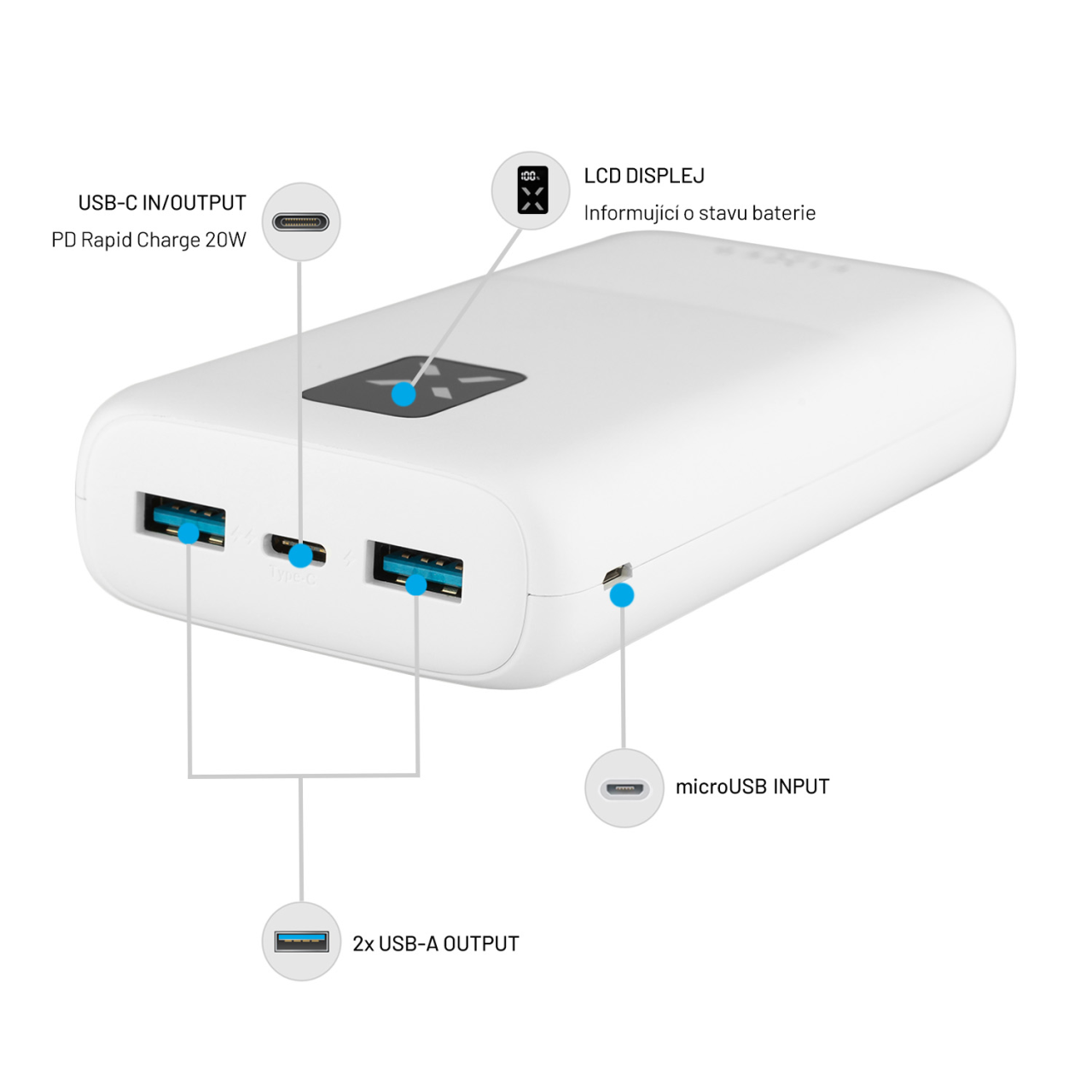 FIXED Powerbanka Zen 20 s LCD displejem a výstupem PD 20W, 20 000 mAh, bílá