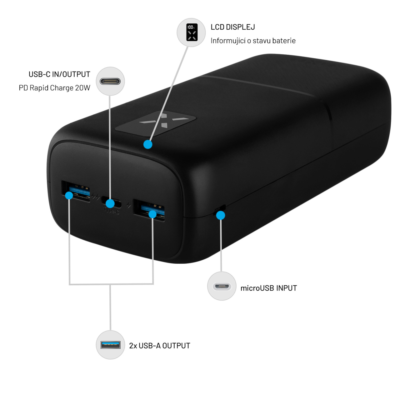 FIXED Powerbanka Zen 30 s LCD displejem a výstupem PD 20W, 30 000 mAh, černá