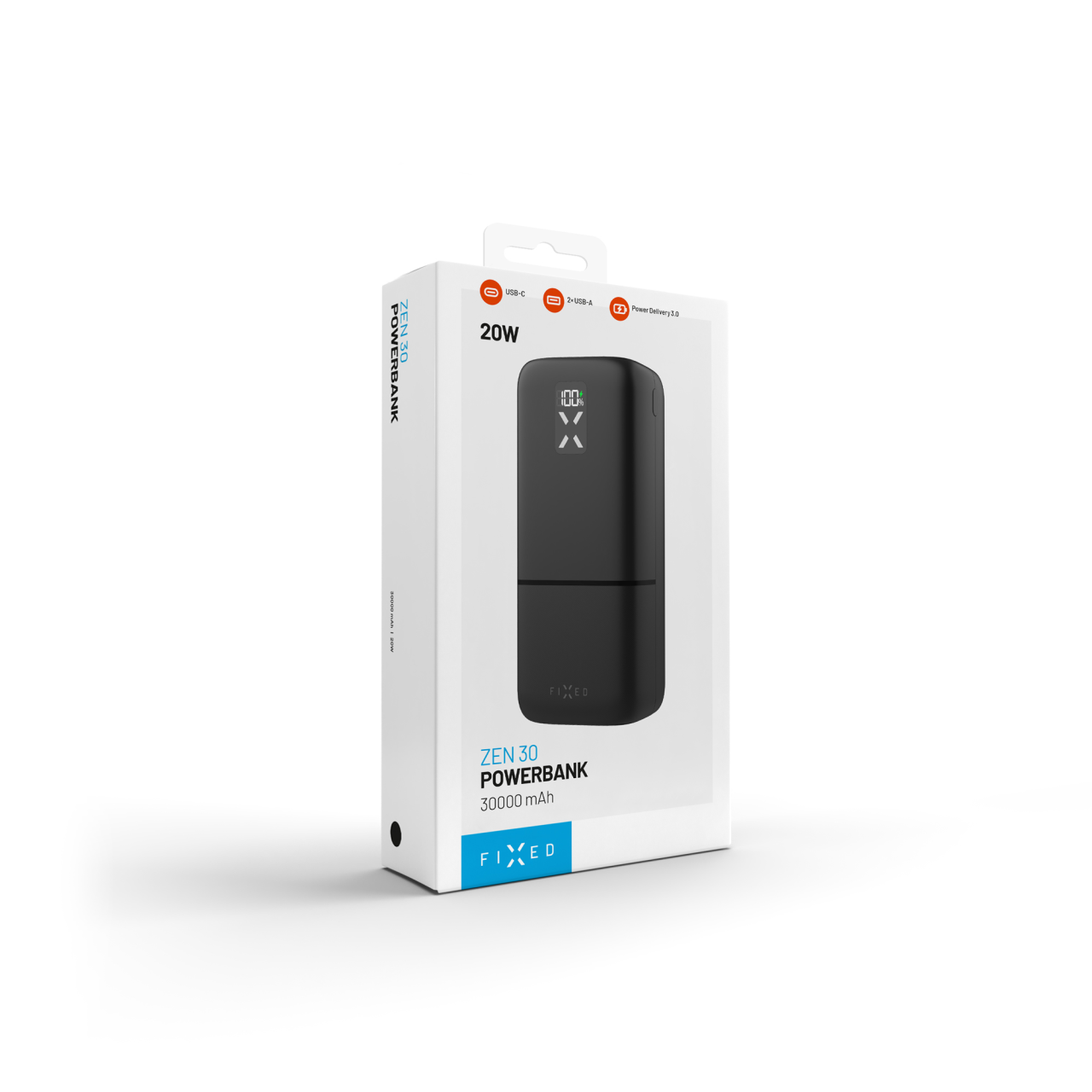 FIXED Powerbanka Zen 30 s LCD displejem a výstupem PD 20W, 30 000 mAh, černá